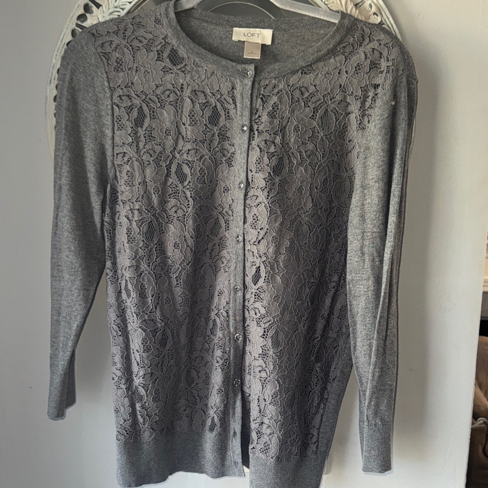 LOFT Gray Lace-Front Button Cardigan